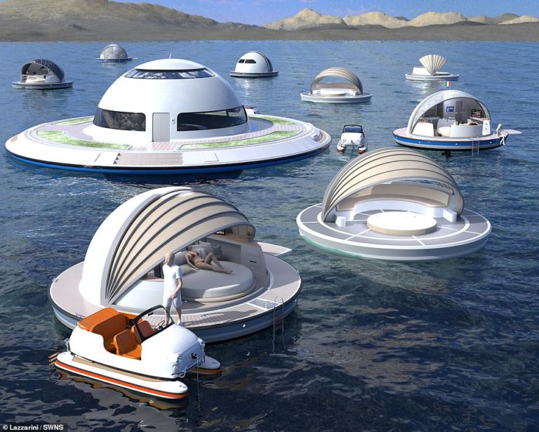 Pictured: The amazing UFO-style floating hotel suite that comes with a retractable roof and a motor