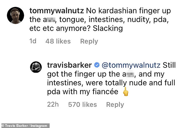 Travis Barker responds to a fan who criticized his frequent PDA with fiancee Kourtney Kardashian