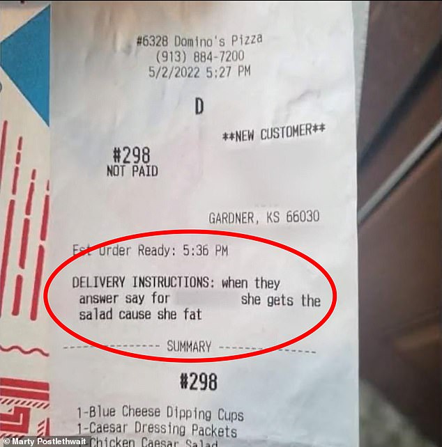 Kansas suffered ‘borderline hate’ crime after teen was sent Domino’s order saying ‘She fat’ 