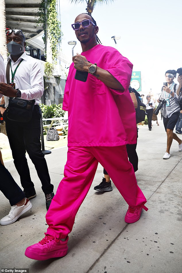 Lewis Hamilton dons an unmissable pink T-shirt and oversized trousers at Miami Grand Prix