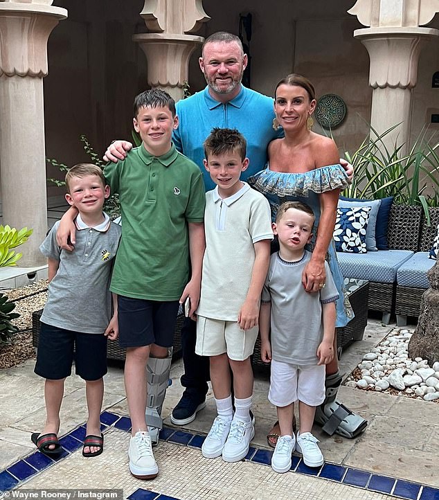 Coleen Rooney and eldest son Kai, 12, wear matching air boots in Dubai