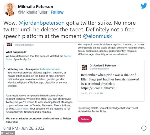 Jordan Peterson is suspended from Twitter after tweeting about transgender actor Elliot Page