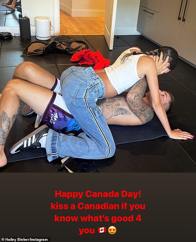 Hailey Bieber kisses Justin Bieber to celebrate Canada Day as she tells fans to ‘kiss a Canadian’