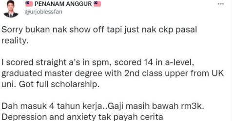 Student with straight A’s, Master’s degree, earns less than RM3K despite being 4 years in the workforce