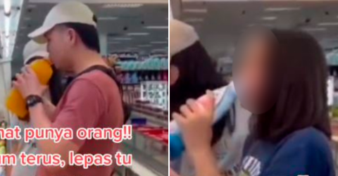 Group drinks bottle of juice at supermarket, later puts it back